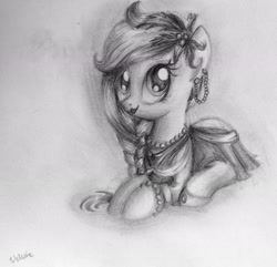 Size: 2493x2406 | Tagged: safe, artist:velvettia, imported from derpibooru, imported from ponybooru, oc, oc only, oc:poppy seed (mec), earth pony, pony, clothes, dress, high res, mascot, middle equestrian convention, pencil drawing, solo, traditional art