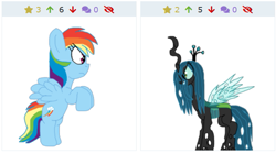 Size: 619x343 | Tagged: safe, artist:alvaxerox, imported from derpibooru, queen chrysalis, rainbow dash, pony, derpibooru, juxtaposition, juxtaposition win, meme, meta, simple background, solo, transparent background