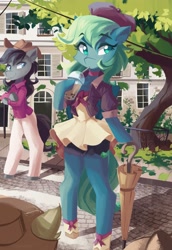 Size: 2821x4096 | Tagged: safe, artist:saxopi, imported from derpibooru, oc, oc only, earth pony, semi-anthro, beret, building, cheek fluff, clothes, commission, dress, duo, duo focus, eyebrows, eyebrows visible through hair, eyelashes, hat, high res, hoof shoes, jacket, looking at someone, oc name needed, pants, shirt, solo, tree, umbrella, ych result