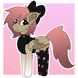Size: 2400x2400 | Tagged: safe, artist:tav, imported from derpibooru, oc, oc only, oc:taiyo, bat pony, pony, bow, choker, clothes, collar, fangs, high res, simple background, socks, solo, spiked choker