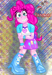 Size: 2100x3000 | Tagged: safe, artist:kamikiku, imported from derpibooru, pinkie pie, equestria girls, equestria girls (movie), breasts, busty pinkie pie, eyebrows, eyebrows visible through hair, fanart, grin, high res, smiling, solo