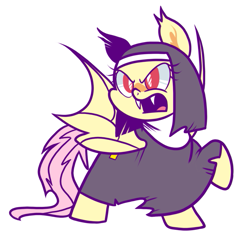 Size: 741x716 | Tagged: safe, artist:yokokinawa, imported from derpibooru, fluttershy, bat pony, pony, angry, bat ponified, ear tufts, fangs, female, flutterbat, frown, glare, mare, nun, race swap, raised hoof, simple background, solo, spread wings, white background, white pupils, wings