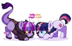 Size: 1327x862 | Tagged: safe, artist:riukime, imported from derpibooru, oc, oc:bridice, oc:jinx, draconequus, hybrid, collaboration, female, filly, half-siblings, interspecies offspring, meeting, offspring, parent:discord, parent:twilight sparkle, parents:discolight, siblings, simple background, sisters, white background