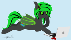 Size: 3386x1903 | Tagged: safe, artist:samsailz, imported from derpibooru, oc, oc only, oc:malmare, bat, bat pony, pony, apple, bat pony oc, bat wings, computer, fangs, food, laptop computer, lineless, looking at you, lying, smiling, solo, wings