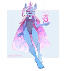 Size: 1149x1280 | Tagged: safe, artist:zowato, imported from derpibooru, trixie, anthro, unguligrade anthro, unicorn, clothes, leotard, lidded eyes, looking at you, magic, solo