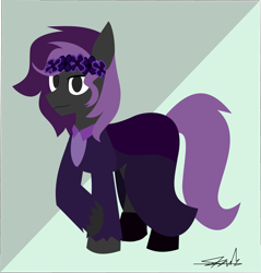 Size: 2653x2774 | Tagged: safe, artist:samsailz, imported from derpibooru, oc, oc only, earth pony, pony, clothes, dres, dress, flower, headband, high res, lineless, looking at you, no pupils, signature, smiling, solo, two toned background
