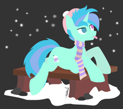 Size: 2256x2009 | Tagged: safe, artist:samsailz, imported from derpibooru, oc, oc:sleepy whistles, pony, unicorn, bench, clothes, cold, cute, high res, lineless, lying down, scarf, smiling, snow, snowflake, stone, tongue out