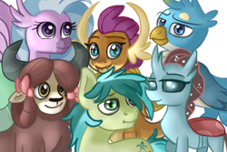 Size: 1920x1280 | Tagged: safe, artist:jbond, imported from derpibooru, gallus, ocellus, sandbar, silverstream, smolder, yona, changedling, changeling, classical hippogriff, dragon, earth pony, griffon, hippogriff, pony, yak, cute, diaocelles, diastreamies, dragoness, female, gallabetes, male, sandabetes, simple background, smolderbetes, stallion, student six, white background, yonadorable