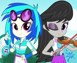 Size: 1280x1050 | Tagged: safe, artist:rjp.rammy, imported from derpibooru, dj pon-3, octavia melody, vinyl scratch, equestria girls, alternate clothes, clothes, cute, duo, duo female, female, headphones, musical instrument, pants, shirt, skirt, sunglasses, tavibetes, vinylbetes, violin