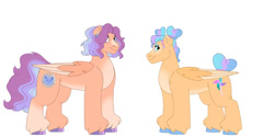 Size: 1280x640 | Tagged: safe, artist:itstechtock, imported from derpibooru, oc, oc only, oc:easy breezy, oc:whirligig, pegasus, pony, blaze (coat marking), coat markings, facial markings, female, mare, offspring, parent:hyacinth dawn, parent:spearhead, pegasus oc, siblings, simple background, sisters, unshorn fetlocks, white background