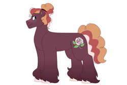 Size: 1280x854 | Tagged: safe, artist:itstechtock, imported from derpibooru, oc, oc only, oc:soubrette, oc:soubrette (itstechtock), earth pony, pony, curly hair, earth pony oc, female, freckles, mare, offspring, parent:rainbow stars, ponytail, simple background, solo, unshorn fetlocks, white background