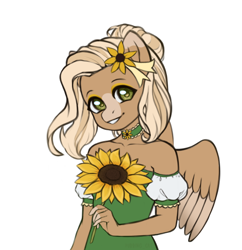 Size: 806x831 | Tagged: safe, artist:purring_cat, imported from derpibooru, anthro, pegasus, female, flower, half body, oc pegasus, sunflower, sunflower breeze