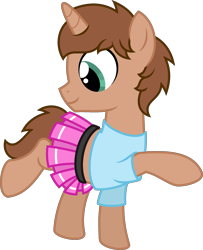 Size: 1914x2352 | Tagged: safe, artist:peternators, imported from derpibooru, oc, oc only, oc:heroic armour, pony, unicorn, clothes, colt, crossdressing, happy, male, shirt, simple background, skirt, smiling, solo, teenager, transparent background