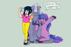 Size: 1772x1181 | Tagged: safe, alternate version, artist:shacy's pagelings, imported from derpibooru, izzy moonbow, horse, human, pony, unicorn, blue background, bracelet, bridgette yoshida, cellphone, centaurworld, close enough, clothes, crossover, female, g5, horse (centaurworld), hug, jewelry, kimiko glenn, mare, necklace, netflix, open mouth, pants, peace sign, phone, selfie, shirt, simple background, sitting, smartphone, speech bubble, t-shirt, trio, trio female, unshorn fetlocks, voice actor joke, waving, word balloon