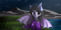 Size: 4096x2048 | Tagged: safe, artist:darbedarmoc, imported from derpibooru, oc, oc only, oc:mitzy, bat pony, pony, armor, cute, cute little fangs, ear fluff, fangs, gem, grass, lake, moonlight, night, solo, stars