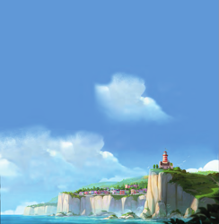 Size: 861x882 | Tagged: safe, imported from derpibooru, cliff, cloud, g5, lighthouse, maretime bay, no pony, ocean, official, scenery