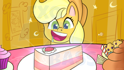 Size: 2560x1440 | Tagged: safe, artist:exobass, imported from derpibooru, applejack, oc, oc:tw3lv3, pony, my little pony: pony life, cake, delicious, food, g4.5, muffin, pony life, thumbnail, watermark