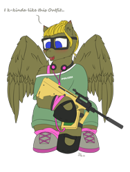 Size: 3000x4000 | Tagged: safe, artist:donnik, imported from derpibooru, oc, oc only, oc:donnik, pegasus, pony, blushing, clothes, cosplay, costume, crossdressing, glasses, gun, headphones, male, rainbow six, rainbow six siege, rifle, simple background, solo, steyr aug, transparent background, weapon