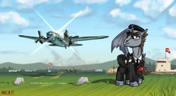 Size: 2000x1090 | Tagged: safe, artist:scarletdex8299, imported from derpibooru, oc, oc only, oc:devin, bat pony, pony, airfield, armband, army, axis, base, base used, bat pony oc, bat wings, battle of britain, belt, bomber, building, car, clothes, cloud, field, flag, flying, germany, grass, hat, he-111, hill, historical, insignia, jacket, ju-87, looking at something, luftwaffe, male, military, military uniform, nazi, nazi uniform, necktie, officer, outfit, plane, pole, reflection, runway, salute, scenery, schutzstaffel, sky, smiling, solo, solo male, stallion, stuka, swastika, totenkopf, tree, uniform, unshorn fetlocks, waffen-ss, war, watching, wings, world war ii