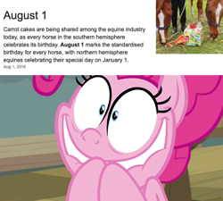 Size: 1920x1725 | Tagged: safe, edit, edited screencap, imported from derpibooru, screencap, pinkie pie, earth pony, horse, pony, a trivial pursuit, birthday, cake, carrot, carrot cake (food), excited, faic, female, food, herbivore, hooves together, horse-pony interaction, irl, irl horse, lip bite, mare, photo, pinkie being pinkie, pinkie fuel, shrunken pupils, solo, that pony sure does love parties, this will end in a party, this will end in parties, wide smile, year of the pony