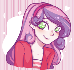 Size: 1017x969 | Tagged: safe, artist:thecreativerey, imported from derpibooru, sweetie belle, equestria girls, blushing, clothes, coat, cute, diasweetes, female, hairband, heart, shirt, solo