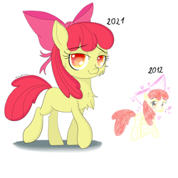 Size: 1080x1080 | Tagged: safe, artist:fajnyziomal, imported from derpibooru, apple bloom, earth pony, pony, art evolution, bedroom eyes, bow, cheek fluff, chest fluff, eyebrows, eyebrows visible through hair, female, filly, hair bow, simple background, smiling, smirk, solo, white background