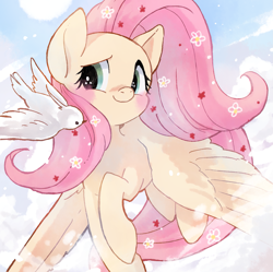 Size: 1737x1728 | Tagged: safe, artist:kemari12011, imported from derpibooru, fluttershy, bird, dove, pegasus, pony, blushing, cloud, cute, female, flower, flying, mare, pixiv, shyabetes, sky, solo, spread wings, wings