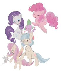 Size: 1867x2263 | Tagged: safe, artist:kemari12011, imported from derpibooru, angel bunny, coco pommel, fluttershy, pinkie pie, rarity, spike, dragon, earth pony, pegasus, unicorn, female, mare