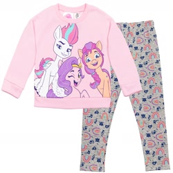 Size: 2400x2400 | Tagged: safe, imported from derpibooru, pipp petals, sunny starscout, zipp storm, earth pony, pegasus, pony, 2d, clothes, cutie mark, female, g5, high res, leggings, mare, merchandise, my little pony logo, official, pullover, rainbow, simple background, sweatshirt, white background