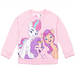 Size: 2400x2400 | Tagged: safe, imported from derpibooru, pipp petals, sunny starscout, zipp storm, earth pony, pegasus, pony, 2d, clothes, female, g5, high res, mare, merchandise, my little pony logo, official, pullover, simple background, sweatshirt, white background