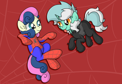 Size: 5639x3898 | Tagged: safe, artist:background basset, imported from derpibooru, bon bon, lyra heartstrings, sweetie drops, earth pony, pony, unicorn, abstract background, clothes, costume, floating, spider-man, symbiote, tongue out, venom