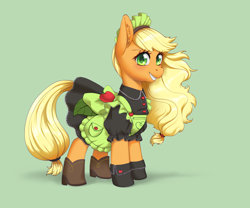 Size: 3902x3241 | Tagged: safe, artist:taytinabelle, imported from derpibooru, part of a set, applejack, earth pony, pony, alternate hairstyle, apron, booties, boots, clothes, cute, cutie mark, cutie mark accessory, cutie mark on clothes, dress, ear fluff, female, flowing mane, frilly dress, gradient background, green background, happy, high res, jackabetes, looking at you, maid, maid headdress, maidjack, mare, missing accessory, shoes, simple background, smiling, solo