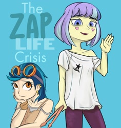 Size: 1700x1800 | Tagged: safe, artist:kul, imported from derpibooru, indigo zap, supernova zap, equestria girls, alternate clothes, drumsticks, ear piercing, female, goggles, headcanon, piercing, siblings, sisters, text, zap family