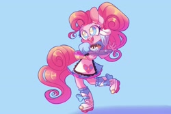 Size: 3000x2000 | Tagged: safe, artist:y0urstruiy, imported from derpibooru, pinkie pie, anthro, earth pony, plantigrade anthro, coinky-dink world, eqg summertime shorts, equestria girls, 1950s, apron, blue background, clothes, colored pupils, cute, diapinkes, dress, ear fluff, female, food, high res, milkshake, open mouth, ponytail, roller skates, server pinkie pie, simple background, solo, sundae, tray