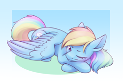 Size: 2800x1845 | Tagged: safe, artist:anvalina, imported from derpibooru, rainbow dash, pegasus, pony, cute, dashabetes, female, lying down, mare, one eye closed, prone, solo, waking up