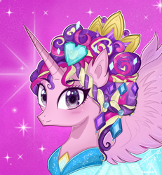 Size: 720x778 | Tagged: safe, artist:namieart, imported from derpibooru, princess cadance, alicorn, pony, games ponies play, alternate hairstyle, bust, ceremonial headdress, clothes, crown, cute, cutedance, dress, female, heart eyes, jewelry, jewels, looking at you, mare, portrait, purple background, regalia, simple background, solo, sparkles, wingding eyes