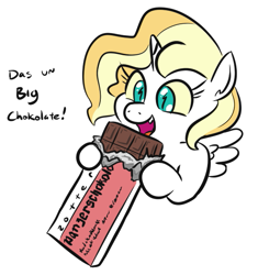 Size: 561x598 | Tagged: safe, artist:jargon scott, imported from derpibooru, oc, oc only, oc:dyxkrieg, alicorn, pony, candy, chocolate, chocolate bar, drugs, female, filly, food, magical lesbian spawn, meth, offspring, parent:oc:dyx, parent:oc:luftkrieg, parents:oc x oc, simple background, solo, this will end in tears, white background, wingding eyes