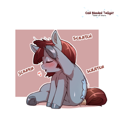 Size: 1200x1200 | Tagged: safe, artist:cold-blooded-twilight, imported from derpibooru, oc, oc only, oc:bitter pill, earth pony, pony, behaving like a cat, blushing, colt, eyes closed, featureless crotch, floating heart, frog (hoof), heart, male, motion lines, onomatopoeia, raised leg, scratching, simple background, size difference, smaller male, solo, solo male, tail wrap, tied tail, underhoof, unshorn fetlocks