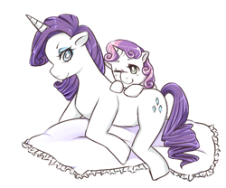 Size: 600x500 | Tagged: safe, artist:totalutterchaos2, imported from derpibooru, rarity, sweetie belle, pony, unicorn, duo, female, filly, mare, one eye closed, pillow, simple background, smiling, white background, wink