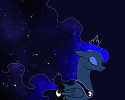 Size: 2730x2196 | Tagged: safe, artist:joan-grace, imported from derpibooru, princess luna, alicorn, pony, bust, dark background, ethereal mane, eyes closed, female, high res, horn, jewelry, mare, peytral, starry mane, tiara, wings