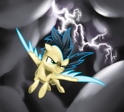 Size: 2000x1800 | Tagged: safe, artist:joan-grace, imported from derpibooru, oc, oc only, pegasus, pony, cloud, flying, lightning, male, outdoors, pegasus oc, smiling, smirk, stallion, two toned wings, wings