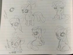 Size: 1427x1080 | Tagged: safe, artist:namaenonaipony, imported from derpibooru, apple bloom, earth pony, pony, crying, female, filly, floppy ears, frown, lined paper, open mouth, open smile, sitting, sketch, smiling, solo, standing, traditional art