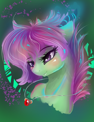 Size: 1700x2200 | Tagged: safe, artist:joan-grace, imported from derpibooru, oc, oc only, dracony, dragon, earth pony, hybrid, pony, blushing, bust, earth pony oc, eyelashes, female, interspecies offspring, jewelry, mare, necklace, offspring, parent:rarity, parent:spike, parents:sparity, smiling, solo