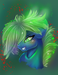 Size: 1700x2200 | Tagged: safe, artist:joan-grace, imported from derpibooru, oc, oc only, dracony, dragon, hybrid, pony, abstract background, bust, eyelashes, female, glowing horn, grin, horn, interspecies offspring, offspring, parent:rarity, parent:spike, parents:sparity, smiling, solo