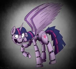 Size: 1000x900 | Tagged: safe, artist:patty-plmh, imported from derpibooru, twilight sparkle, alicorn, pony, robot, robot pony, animatronic, female, five nights at freddy's, mare, raised hoof, sharp teeth, smiling, solo, teeth, twilight sparkle (alicorn)