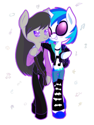 Size: 600x800 | Tagged: safe, artist:patty-plmh, imported from derpibooru, dj pon-3, octavia melody, vinyl scratch, anthro, earth pony, unguligrade anthro, unicorn, blushing, clothes, female, horn, lesbian, scratchtavia, shipping, side hug, simple background, smiling, sunglasses, transparent background