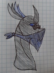 Size: 2104x2869 | Tagged: safe, artist:agdapl, imported from derpibooru, changeling, bandana, bust, changelingified, crossover, curved horn, graph paper, high res, horn, male, purple changeling, sniper, solo, species swap, sunglasses, team fortress 2, traditional art