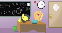 Size: 3399x1837 | Tagged: safe, artist:kixalin, imported from derpibooru, oc, oc only, earth pony, pony, :d, chalkboard, clock, computer, duo, earth pony oc, eyes closed, female, indoors, laptop computer, laughing, male, mare, open mouth, smiling, stallion