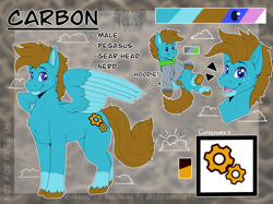 Size: 2732x2048 | Tagged: safe, artist:sursiq, imported from derpibooru, oc, oc only, oc:carbon, pegasus, pony, blue eyes, brown mane, clothes, colored wings, cutie mark, gears, high res, hoodie, male, multicolored wings, pegasus oc, reference sheet, solo, stallion, watermark, wings