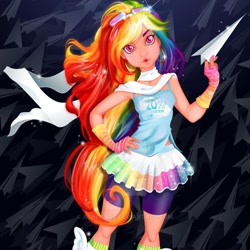 Size: 1080x1080 | Tagged: safe, artist:asher-bee, artist:asherbeeart, imported from derpibooru, rainbow dash, human, abstract background, clothes, female, hand on hip, humanized, paper airplane, shorts, skirt, solo